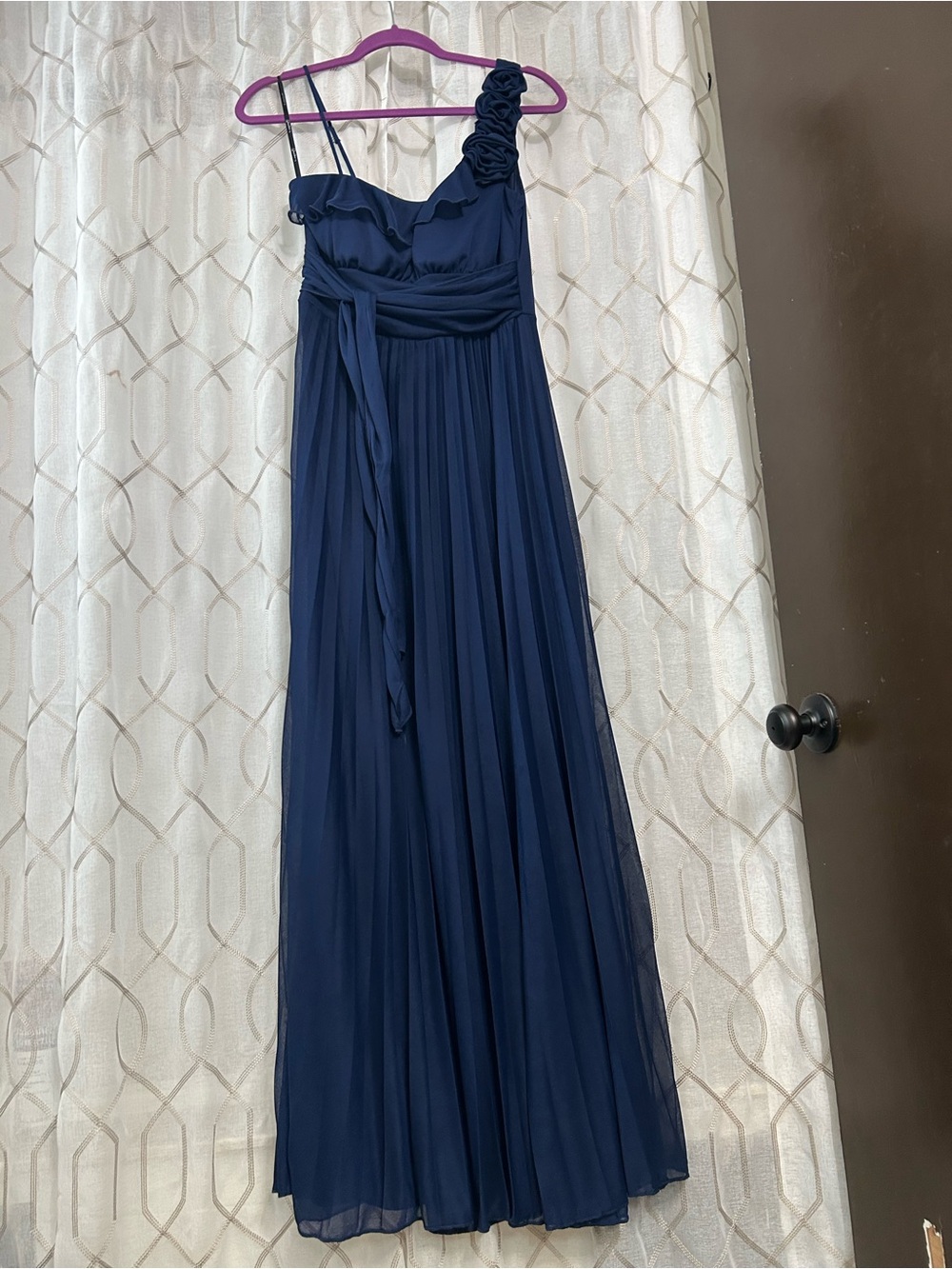 Maurices Navy One-Shoulder Pleated Gown with Rosette